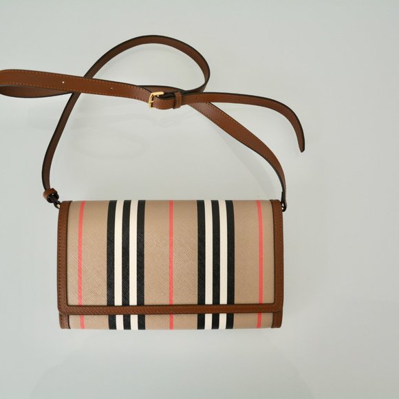 NWT BURBERRY ICON STRIP HANNAH LEATHER TRIM CROSSBODY WALLET BAG - Picture 5 of 7